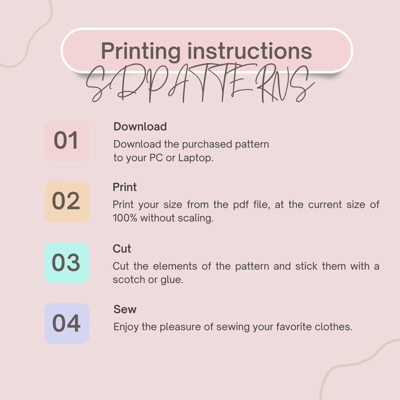 Puede incluir: Un gr&aacute;fico rosa y blanco con instrucciones para imprimir patrones. Las instrucciones est&aacute;n numeradas del 1 al 4 e incluyen los pasos: Descargar, Imprimir, Cortar y Coser.