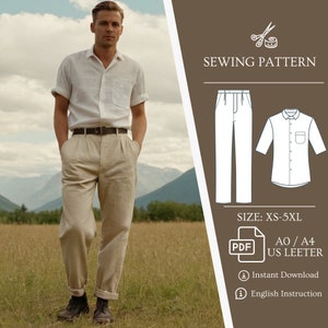 Men's Set Bundle Pattern, Sewing Patterns for Men, Men Short Sleeve Shirt, Man Trouser pattern, Men Pants Pattern, Men Shirt Pattern, Linen