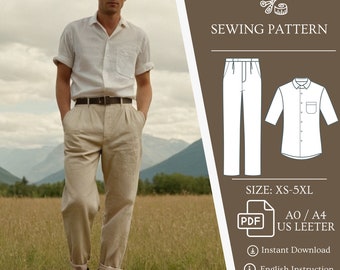 Modello pacchetto set da uomo, Cartamodelli da cucito per uomo, Camicia a maniche corte da uomo, Modello di pantaloni da uomo, Modello di pantaloni da uomo, Modello di camicia da uomo, Lino