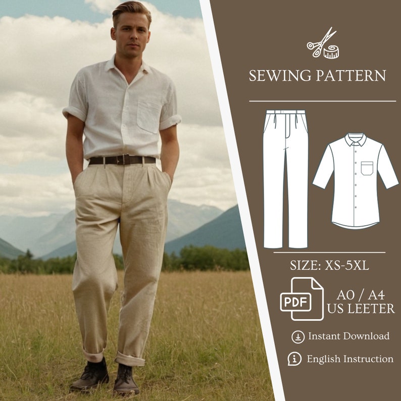 Patrón paquete set hombre, Patrones de costura para hombre, Camisa manga corta hombre, Patrón pantalón hombre, Patrón pantalones hombre, Patrón camisa hombre, Lino imagen 1