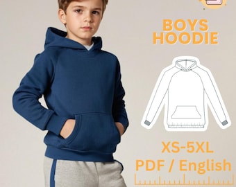 Patrón de costura de sudadera con capucha para niños Patrón de sudadera con capucha de manga larga para niños Patrón de sudadera con bolsillos Patrón digital en PDF Patrón de parte superior para niños