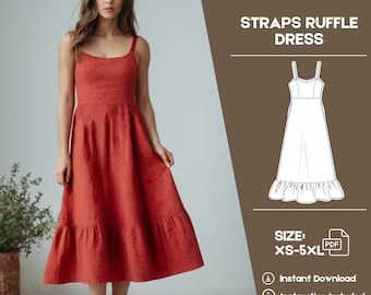 Molde de vestido midi com alças, Saia circular com babados, Molde de costura em PDF, Vestido de linho, Vestido com bolsos