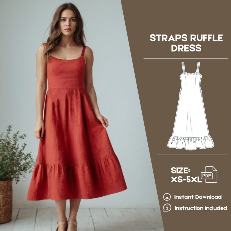 Straps Midi Dress Pattern, Ruffles Circular Skirt, PDF Sewing Pattern ...