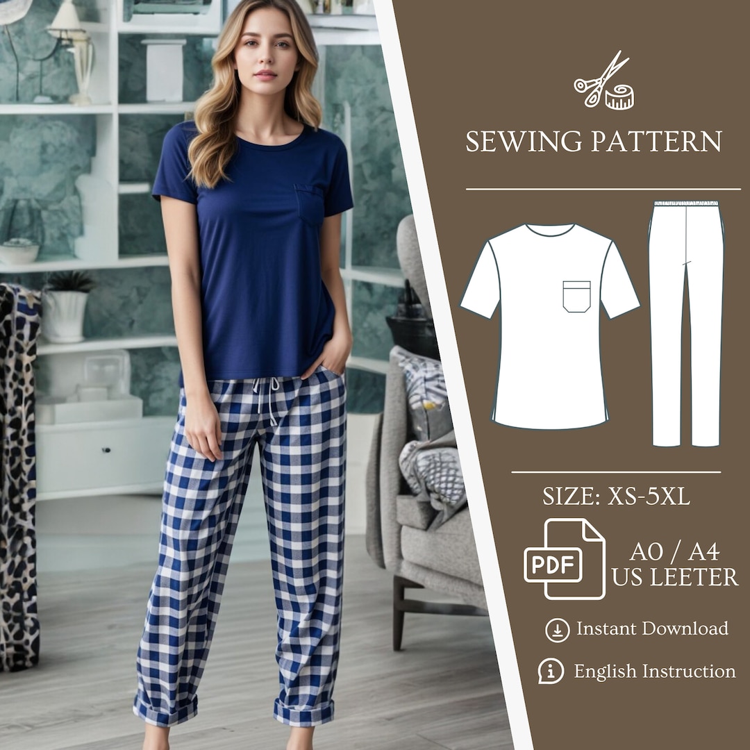 Bundle Set Women Pajama's Sewing Pattern, Elastic Waist Pants, Pocket T ...