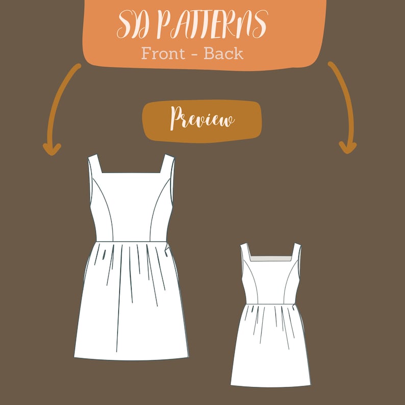 May include: A line drawing of a sleeveless dress with a square neckline and a gathered skirt. The dress is shown from the front and back. The text "SD PATTERNS Front - Back" and "Preview" is also shown.