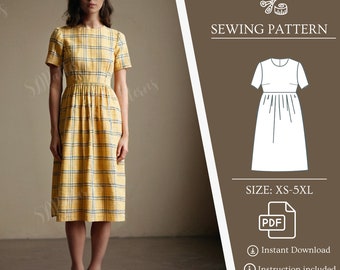 Plaid Sewing Dress, Cotton or Linen Dress, Pockets dress, gather dress pattern, easy sewing dress, PDF