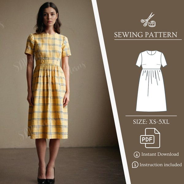 Plaid Sewing Dress, Cotton or Linen Dress, Pockets dress, gather dress pattern, easy sewing dress, PDF