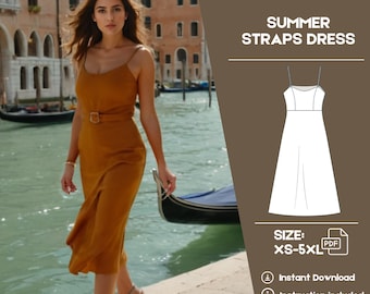 May include: A digital sewing pattern for a summer straps dress. The pattern includes instructions and is available in sizes XS-5XL. The image shows a woman wearing a similar dress in a brown color.