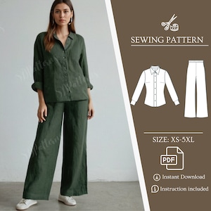 May include: A sewing pattern for a shirt and wide-leg pants. The pattern is available in sizes XS-5XL and is an instant download. The pattern includes instructions.