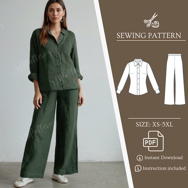 Set Pants and Shirt Sewing Patterns, Elastic Waist Pants, PDF Digital Pattern, Buttoned Blouse, Bundle Sewing Patterns