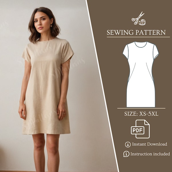 PDF Pattern Mini Dress O-Neck Neckline, digital sewing pattern Sized XXS - 5XL, Linen Dress, Easy Dress Pattern