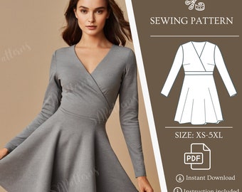 V Neck Split Dress Digital Sewing Pattern A Line Wrap Dress PDF Pattern Casual Long Sleeve Band Dress