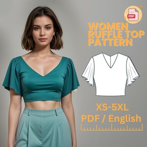 May include: A digital download pattern for a women's ruffle top. The pattern includes a line drawing of the top and the text "WOMEN RUFFLE TOP PATTERN" and "XS-5XL PDF / English".