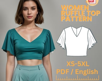 Blusa con mangas acampanadas, Patrón PDF de blusa con escote en V, Camisa con mariposas, Top corto