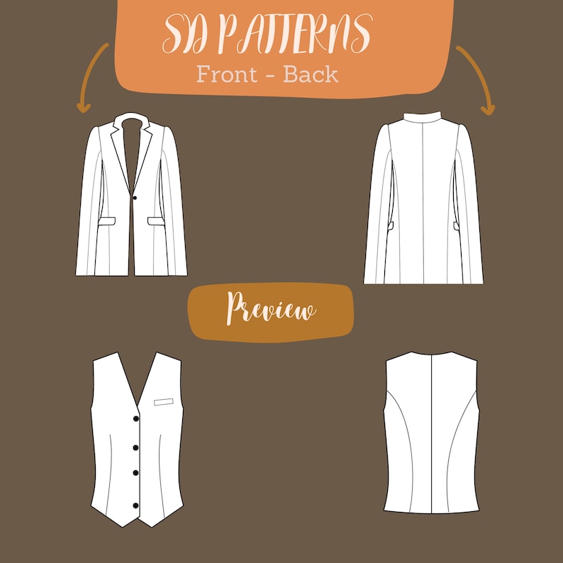 Pu&ograve; includere: Un'illustrazione digitale di un modello di blazer e gilet. L'immagine mostra le viste anteriore e posteriore di entrambi gli indumenti. Il testo "SD PATTERNS" e "Front - Back" &egrave; in cima all'immagine. Il testo "Preview" &egrave; in un rettangolo marrone al centro dell'immagine.