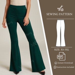 Sewing Pattern High Waist Flare Leg Pants PDF Tutorial High Waist pants XS,S,M,L,XL,2XL,3XL,4XL,5XL