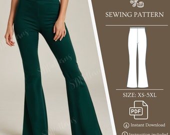 Sewing Pattern High Waist Flare Leg Pants PDF Tutorial High Waist pants XS,S,M,L,XL,2XL,3XL,4XL,5XL