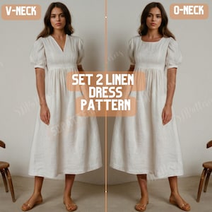 Puede incluir: Dos vestidos blancos de lino con mangas abullonadas, uno con cuello en V y el otro con cuello redondo. Los vestidos se muestran en dos modelos, y el texto "SET 2 LINEN DRESS PATTERN" se superpone a la imagen.