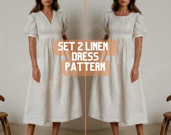 Set Dresses Sewing Patterns, V-Neck or Round Neck, Bishop Sleeve , Pockets Linen Dress, Gathered Skirt, Puff Sleeve, A-Line Empire Waist