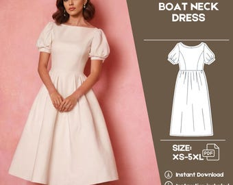 Midi Dress Sewing Pattern, Cottagecore Dress Pattern, Women Dress Digital Pattern, Puff Sleeve Dress PDF Pattern, Easy Pattern Instructions