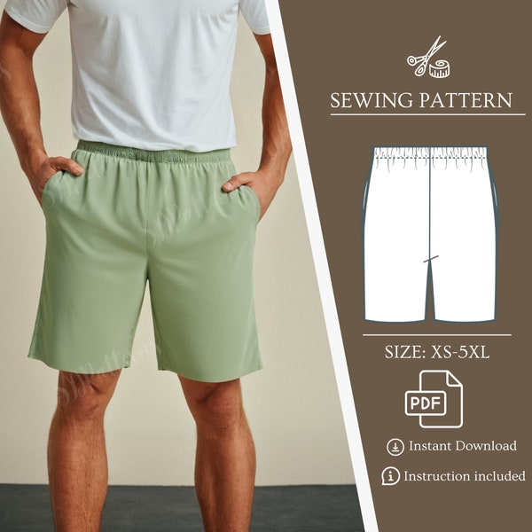 Men's Shorts Pattern, Easy Beginner Digital Pattern, Linen Shorts Sewing Pattern PDF, Elastic Waist