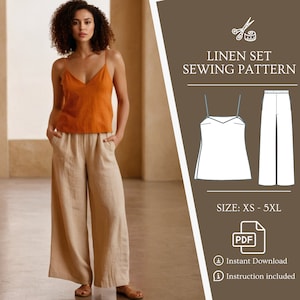 Linen Summer Set Sewing Pattern: V-Neck Top & Casual Pants (PDF Digital Pattern)