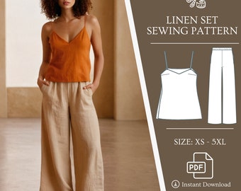 May include: A sewing pattern for a linen top and wide-leg pants set. The pattern includes instructions and is available for download in PDF format. Sizes range from XS to 5XL.