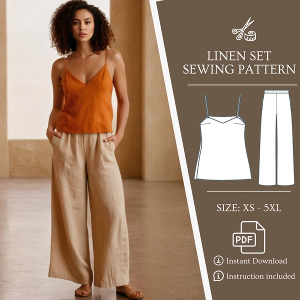 Women Linen Summer Bundle Set PDF Sewing Pattern V Neck Top Pattern Casual Pants PDF Digital Pattern