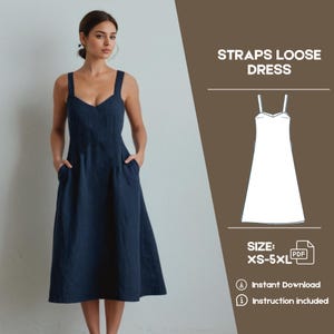 Può includere: Un cartamodello digitale per un abito ampio con spalline. Il cartamodello include istruzioni ed è disponibile nelle taglie XS-5XL. L'immagine mostra una modella che indossa una versione blu navy dell'abito.