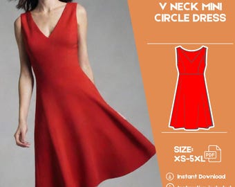 Vestido de costura sem mangas com decote em V, saia meio círculo, tutorial em PDF de padrão, PDF de costura fácil, XS-5XL, A0, carta