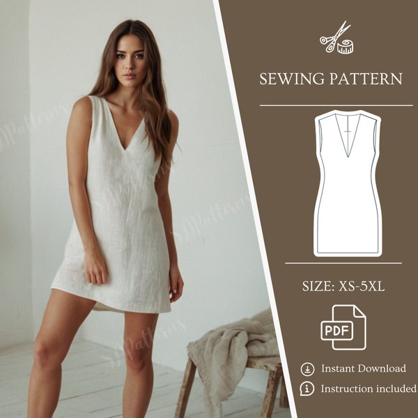 Sewing Dress Pdf Pattern, V-Neck Linen Dress, Sleeveless Dress, Mini Dress, Digital Sewing Pattern, Summer Dress