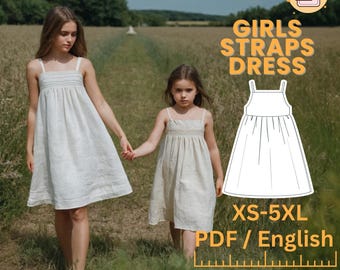 Girl Sewing Pattern Dress, Linen Dress, Strap Dress, Gathered Dress, Empire Waist, 2-12 years girl,  Loose Sundress with Straps Dress