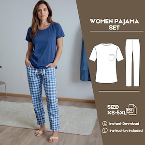 Conjunto de patrón de costura para pijama de mujer, pantalones con cintura elástica, camiseta con bolsillo, patrón en PDF de descarga instantánea en tamaño A4/carta de EE. UU./A0
