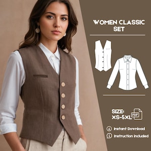 Può includere: Un gilet marrone con cinque bottoni e una camicia bianca con colletto. L'immagine mostra anche un disegno a linea del gilet e della camicia. Il testo "WOMEN CLASSIC SET" e "SIZE: XS-5XL" sono anche inclusi nell'immagine.