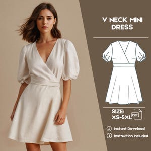 May include: A digital sewing pattern for a V-neck mini dress with puff sleeves. The pattern includes instructions and is available in sizes XS-5XL.