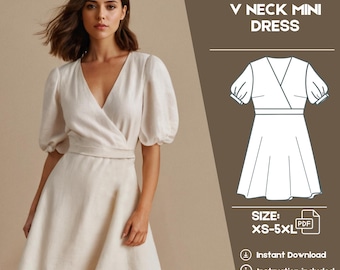 Surplice Dress Sewing Pattern Cottagecore Bishop Sleeve Dress Pattern Midi Half Circle Dress PDF Pattern Loose V Neck