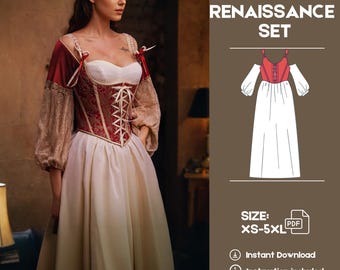 Patrón de costura de corsé y vestido - PDF, conjunto estilo renacentista, conjunto cottagecore, vestido con hombros descubiertos y corsé con cordones, tallas XS-5XL
