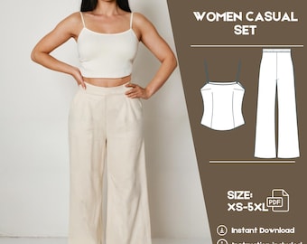 Wide Leg Pants & Crop Top pattern, Wide leg pants pattern, Summer Outfit, Crop top pattern, Beginner Sewing Pattern, Summer patterns, PDF