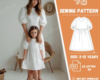 Linen Dress Sewing Pattern Set | Girls and Women Bishop Dress Pattern | Summer White Dress Pattern | Cottagecore Dress Set of 2