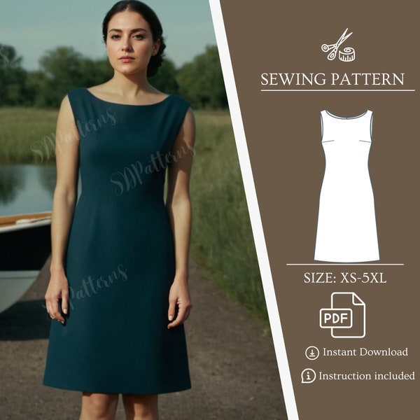 Easy dress sewing PDF pattern, formal dress, boat neck dress, classic dress, sleeveless dress, XS - 5XL Dress