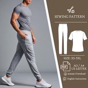 May include: Sewing pattern for a pair of gray sweatpants and a gray t-shirt. The pattern is available in sizes XS-5XL and includes instructions in English. The pattern is available as a PDF download in A0/A4 US letter size.