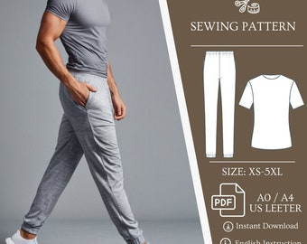 Men's Set Pants T-Shirt Pattern, Bundle Patterns, Pants Sewing Pattern, PDF Sewing Pattern for Men, Pants with Inseam Pockets, Men's T-Shirt