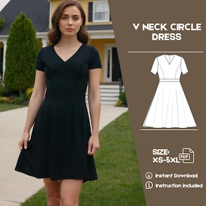 V-Ausschnitt Tellerrock Kleid Schnittmuster: Easy PDF (XS-5XL)