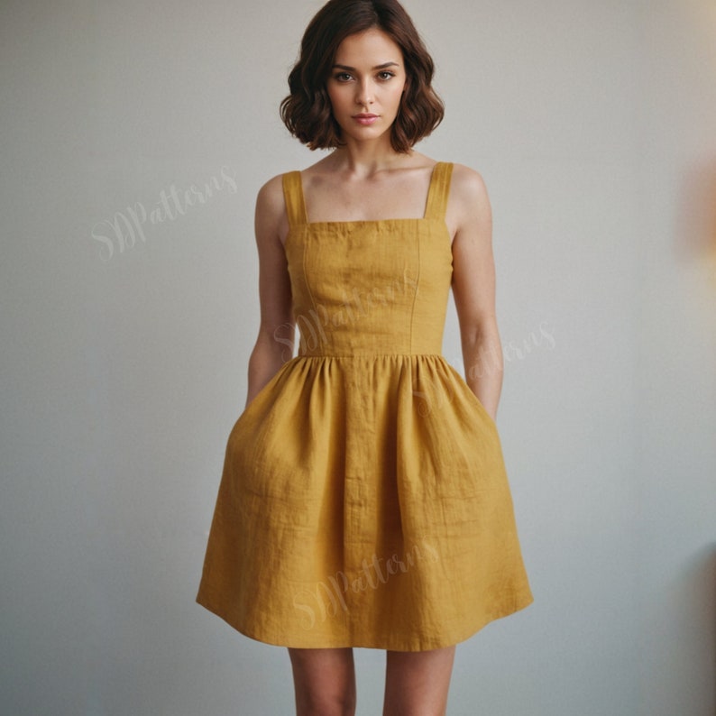 May include: A sleeveless, yellow linen dress with a square neckline and pockets. The dress has a fitted bodice and a flared skirt.