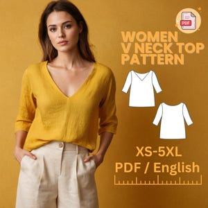 Modello di cucito in lino, tunica con scollo a V e maniche a 3/4, camicia ampia, modelli di cucito PDF, XS - 5XL