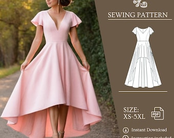 Bridesmaid Sewing Pattern Dress Butterfly Sleeve High Low Hem PDF Digital Pattern V Neck Dress