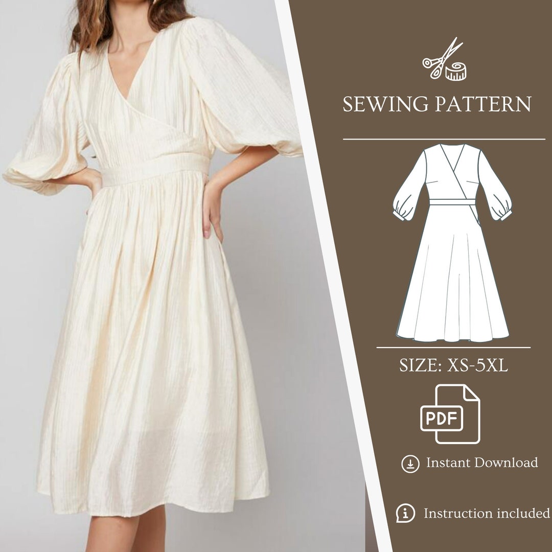 Sewing Pattern Pdf Dress Linen V Neck Dress Puff Sleeve - Etsy