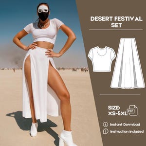 Peut inclure: Un haut court blanc et une jupe maxi blanche avec une fente haute de chaque côté. La jupe a un design simple avec des plis. La tenue est intitulée "Desert Festival Set" et est disponible dans les tailles XS-5XL. L'image comprend également une icône PDF et du texte qui dit "Téléchargement instantané" et "Instructions incluses".