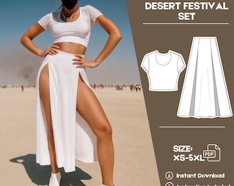 Festival Costume Set Sewing Pattern Split Skirt Pattern Scoop Neck Crop Top Sewing Pattern Desert Musical Festival Cosplay Set Pattern
