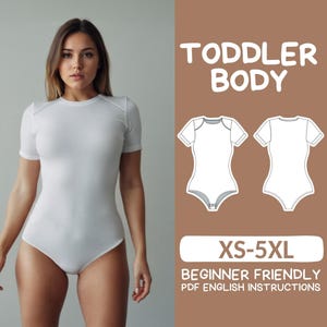 May include: A digital sewing pattern for a toddler bodysuit. The pattern includes instructions for sizes XS-5XL and is beginner friendly. The pattern is available in PDF format with English instructions.